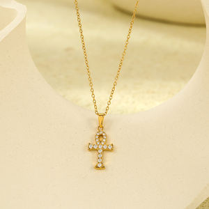 Ouro Aço Inoxidável Cruz Colar Brincos Set <span class=keywords><strong>Ankh</strong></span> Quartz Cruz Pingente Religioso <span class=keywords><strong>Ankh</strong></span> Colar Jóias Mulheres - Product Image 4