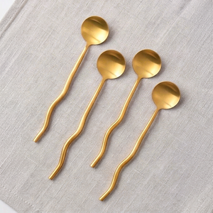 <b>Gold</b> Plated Tea <b>Spoons</b> With Long Wavy Handle Minimalist Design Mirror Polish Creative Party Utensils - Product Image 1