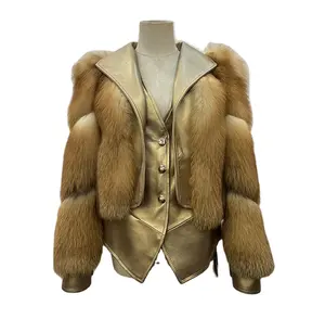 Mới cao cấp của phụ nữ giản dị Fox Fur Coat v-cổ rắn màu Chắp Vá Da thiết lập tự nhiên Fox Leather Jacket Red Fox