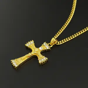 Hot Selling Hip Hop Pendant Necklace Alloy Gold Plated Cuban Link Chain Diamond Cross Pendant