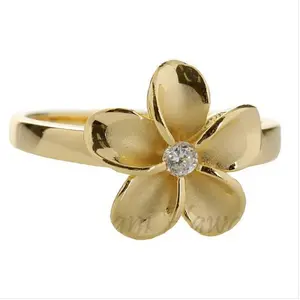 Hawaiian Style New Product Gold Plated Split Shank Sterling Silver Jewelry Plumeria Ring