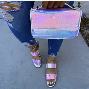 Ladies sexy laser sandals matching bags set women glitter snake leather purse and shoe sets