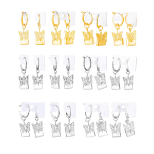Orecchini a Cerchio con Farfalla in Acciaio Inossidabile e Diamanti Quadrati per Donne, Gioielli Pendenti alla Moda, 12 Paia, 6 in Oro, 6 in Argento - Product Image 2