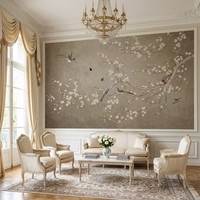 Papier peint floral brodé chinois classique, motif brodé à la main de fleurs de prunier marron et d'oiseaux pie, murale décorative pour chambre, hôtel, maison
