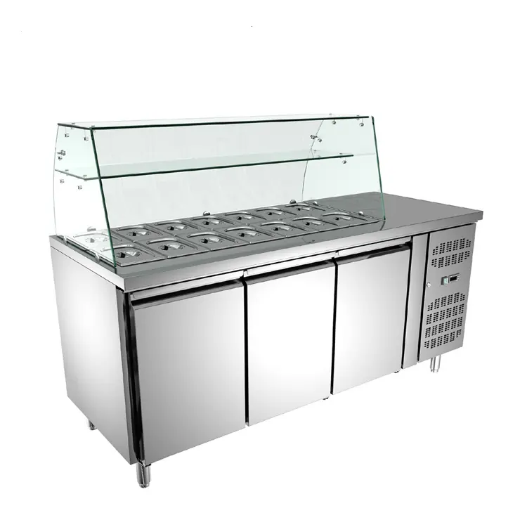 상업 스테인레스 스틸 SS304 샐러드 바 디스플레이 냉장고 유리 커버 판매