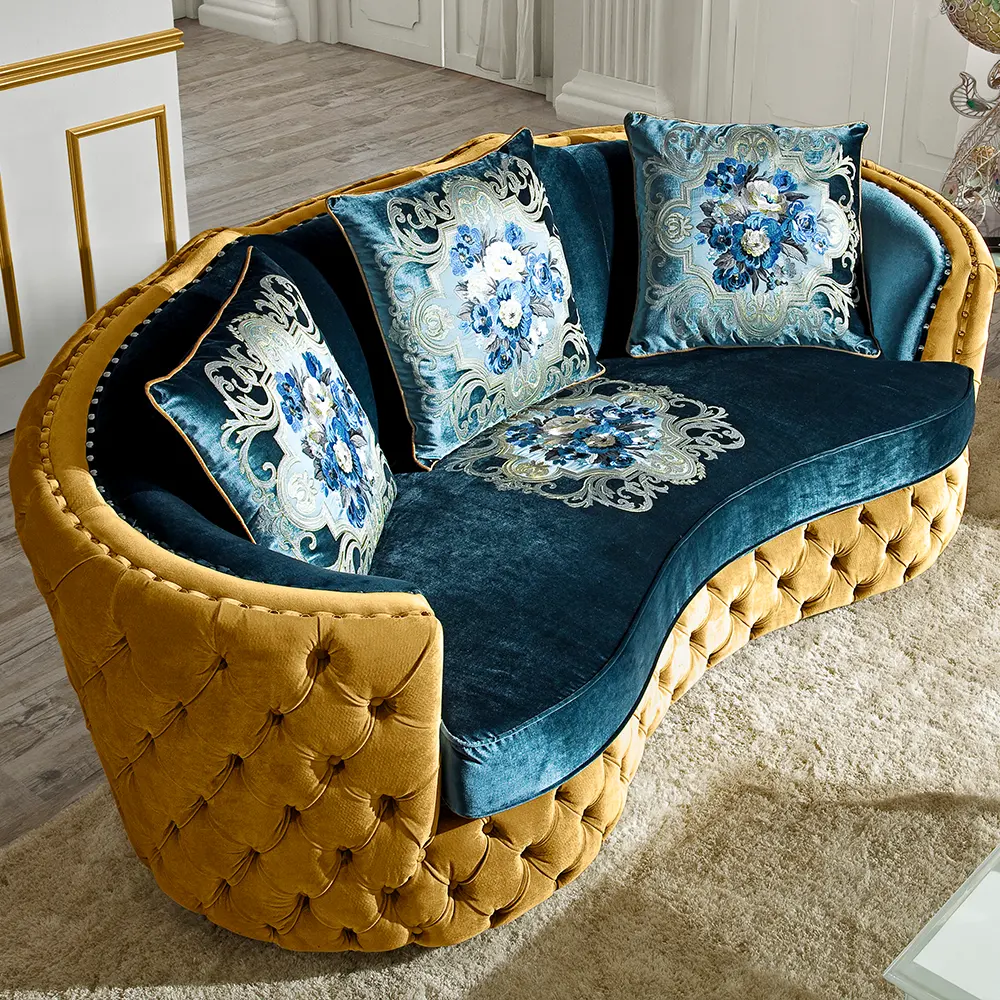 High end çağdaş İtalyan klasik tepeli düğme kadife çiçek ağır jakarlı kumaş kavisli chesterfield koltuk takımı