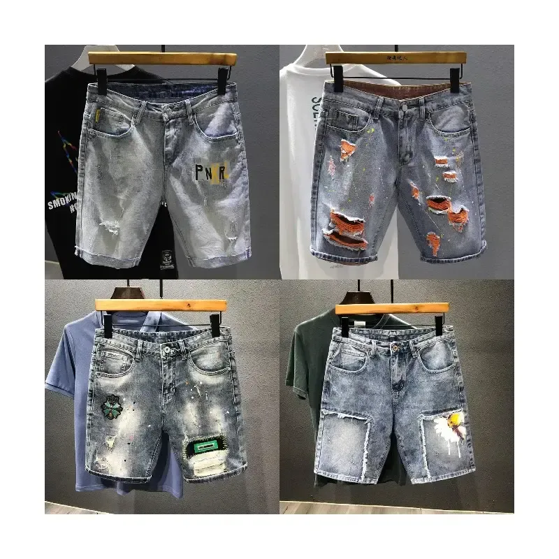 Personalizado de los hombres de gran tamaño Bermudas Streetwear Oem rasgado desgastado bordado Denim Jean pantalones cortos de algodón para hombres