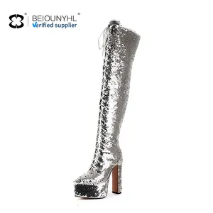 Sáng Bóng Ren lên đùi cao nền tảng khởi động phong cách bên lấp lánh sequined Dây kéo khởi động thiết kế hợp thời trang Chunky gót nền tảng khởi động - Product Image 3