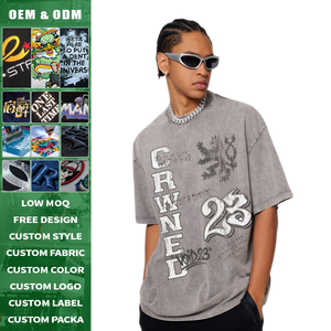 T-shirt en coton épais imprimé wax, effet délavé vintage, streetwear déchiré, décontracté d'été pour homme - Product Image 1