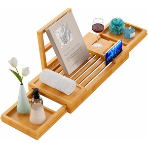 Organizzatore per Accessori da Bagno con Lati Estensibili, Vassoio Regolabile in Bambù per Vasca con Portabicchiere e Portacandele - Product Image 2