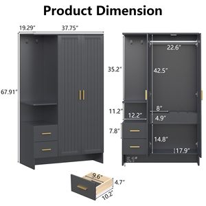 Armoire moderne SENYU avec portes shaker et poignées en laiton, 2 tiroirs, meuble de rangement pour chambre à coucher - Product Image 3
