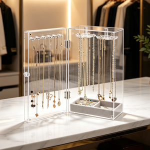 Clear Acrylic <b>Jewelry</b> <b>Storage</b> Box, Dustproof Necklace Holder with Hanging Hooks & Velvet Tray for Rings Bracelets Display - Product Image 2
