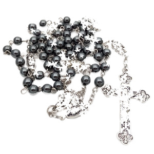 Collier chapelet en pierres précieuses noires 6mm rondes, pendentif croix non magnétique, chaîne de pull unisexe en alliage argenté tibétain, cadeau bijoux - Product Image 5