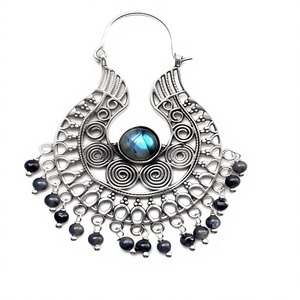 New Arrival 2020 <b>Silver</b> Labradorite Beads Hoop Earrings Natural Stone Bohemian Style <b>Wedding</b> Gift Party - Product Image 2