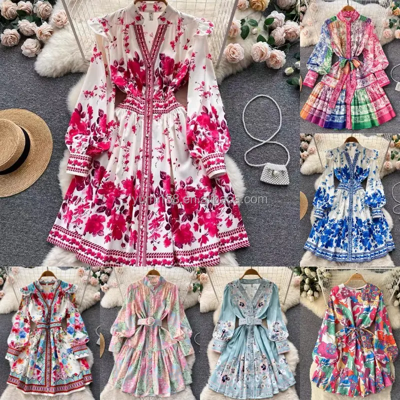 2023 New arrivals lady stylish cotton long puff sleeve floral maxi casual dress summer woman clothing