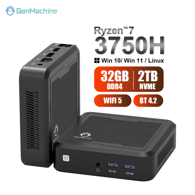 GenMachine AMD Ryzen 7 3750H 4K Gaming Mini Computer DDR4 SSD WiFi 5 BT4.2 Mini PC 2USB3.0 2USB2.0 1G LAN Dual Display Wind 11