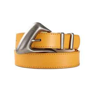 Yellow Leather Belt for Casual Fashion belts with Stylish Inflated Silver Buckle for Jeans Dresses women's designer leather belt