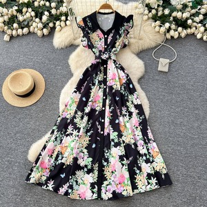 Robe longue florale élégante de qualité supérieure, col en V, sans manches, taille haute, coupe trapèze, style français - Product Image 2