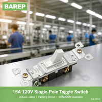 Interruptor de Luz Unipolar BAREP CULus 15A 120V con Terminal de Conexión Rápida UL94-V2 PC para Caja de Pared Comercial y Hoteles en EE. UU.