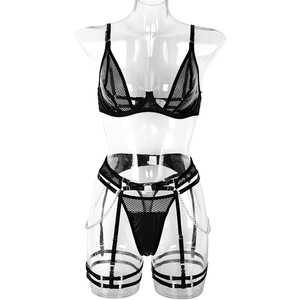 Women's Sexy Low-Cut Mesh Leather Splicing Steel Ring Underwear Set Lace Decoration New Release in Europe the United States - Product Image 5