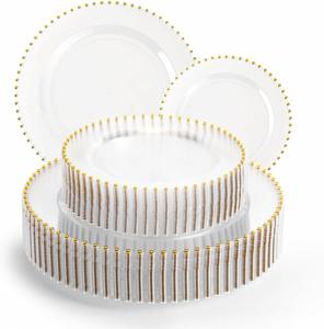 13 Inch White Plastic Dinnerware with Gold Rim Heavy Duty Clear Beaded Charger <b>Plates</b> Bulk Underplates for Wedding Decor - Product Image 1