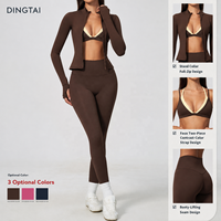 Ensemble de yoga 3 pièces pour femme à double bretelle et décolleté plongeant, comprenant une veste zippée dos nageur, un soutien-gorge de sport et un legging taille haute sans couture effet seconde peau, certifié GCC