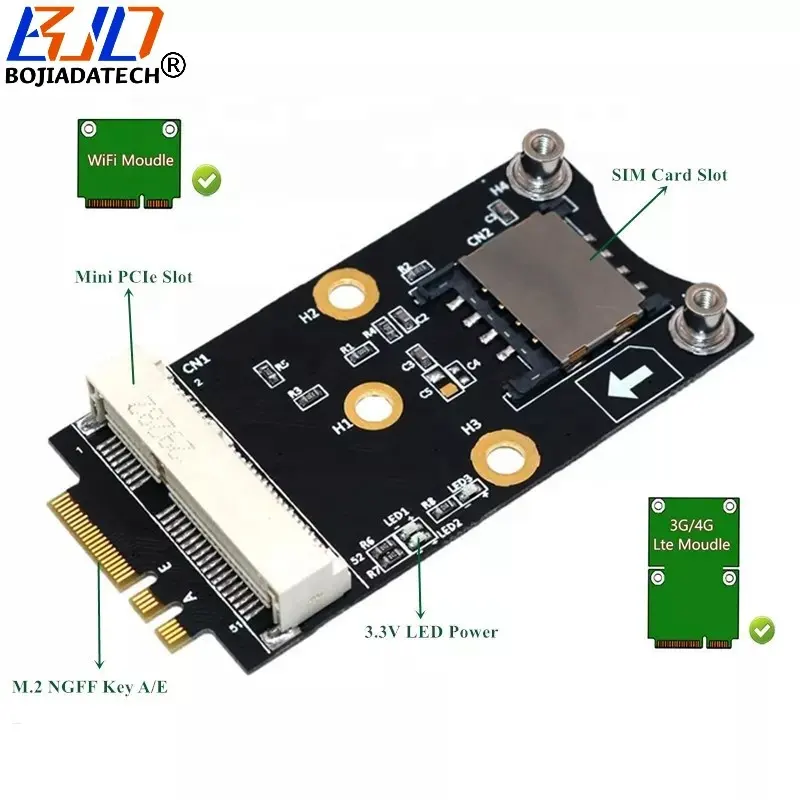 3G 4G LTE GSM 모뎀/WiFi BT 모듈용 SIM 슬롯이 있는 미니 PCI-E PCIe 무선 어댑터 카드에 M.2 NGFF 키 A + E 커넥터