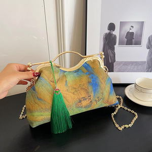 Retro Chinese Style Women's Shell <b>Handbag</b> With Bamboo Handle And Tassel <b>Chain</b> Shoulder Bag For Everyday Use - Product Image 3