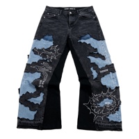 DIZNEW Jean Patchwork Noir et Bleu Double Couche Effet Nuage Déchiré Franges Brutes Broderie Circuit Étoile Éclatante Épingle Épingle Brochée Ourlet Brut Gothique OEM