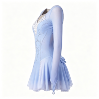 Robe de patinage artistique dégradé bleu clair, col en V, maille ornée de strass, manches longues, dos profond, nœud, jupe asymétrique pour adultes et enfants