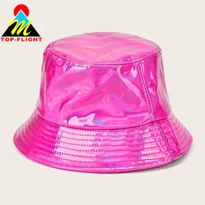 네온 핫 핑크 레인보우 PU 가죽 버킷 모자 유행 모자