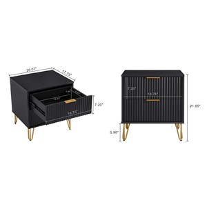 Black Nightstand With Gold Legs And Ribbed <b>Drawers</b> Modern Bedroom <b>Storage</b> <b>Drawer</b> Unit - Product Image 3
