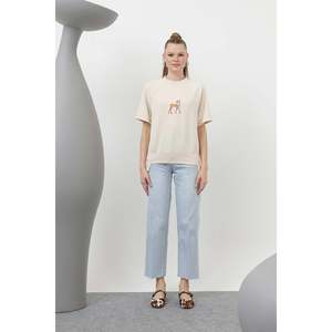Soul Women's Elegant Sand Beige T-Shirt with Front Deer Embroidery - Comfortable Short Sleeve Crew Neck Top for Casual Wear - Product Image 3