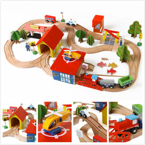 <b>Wooden</b> Train <b>Track</b> Set 69 Pieces Early Education Building Toy For Kids With Station And Cars Zhejiang Made - Product Image 2