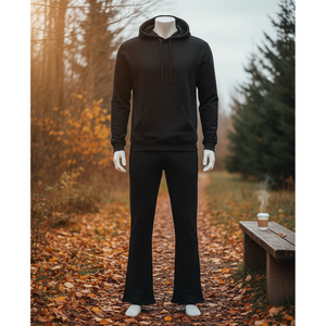 Men's 100% <b>Black</b> Cotton Pullover Tracksuit Flared Raw Hem Winter <b>Fleece</b> Sweatpants Hoodie Solid Print Custom Autumn Hooded - Product Image 3