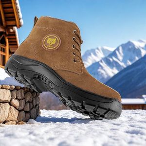 Bottes de neige pour hommes en peau de mouton, chaudes, antidérapantes, résistantes à l'usure, résistantes au froid, en laine, à talon moyen, à lacets avant, couleur unie - Product Image 1