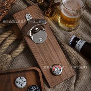 Abridor de botellas de madera, abridor manual rectangular de acero inoxidable para colgar en el lado del refrigerador con soporte magnético para tapas - Product Image 3