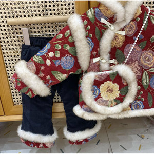 Traditional Chinese Winter Thickened Red Cheongsam Dress For Girls New Year Celebration With Fur Trim - Product Image 2