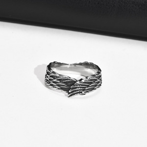 레트로 고스 남자 빈티지 스테인레스 스틸 깃털 천사 날개 반지 - Product Image 6