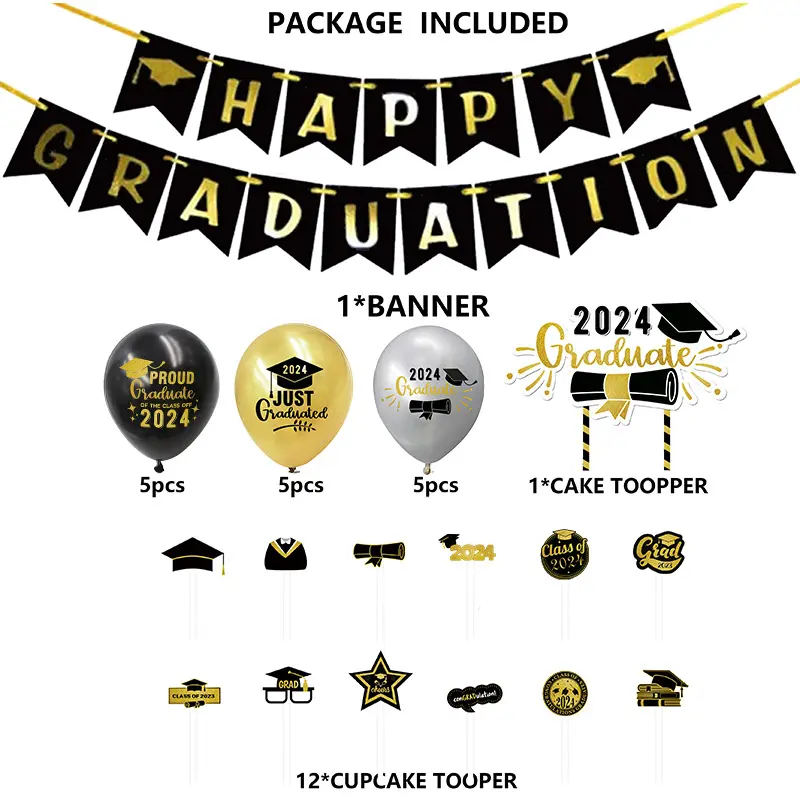 2024 nouvelle saison de remise des diplômes thème anniversaire ballon ensemble cérémonie de remise des diplômes décoration casquette gâteau Topper tirer drapeau ensemble