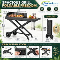 Chariot de barbecue pliable portable en acier noir avec roues, table de cuisson extérieure pour camping