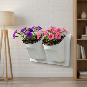 Modern <b>Wall</b> Hanging <b>Planter</b> Dual White PP Flower Pot For Indoor <b>Outdoor</b> Use With Purple And Pink Flowers - Product Image 1