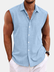 Nouvelle chemise décontractée pour <span class=keywords><strong>homme</strong></span> style européen et américain 2026, col en V uni, coupe ample, boutonnée, en coton et lin - Product Image 6