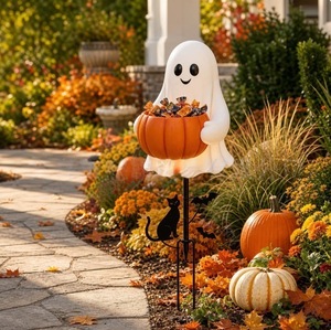 Décoration de jardin d'Halloween en résine, citrouille fantôme lumineuse à énergie solaire avec seau à bonbons, pour dropshipping Shopify - Product Image 5