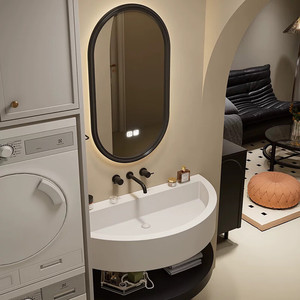 Mueble de baño minimalista con arco semicircular, lavabo doble de doble capa, lavabo para apartamento pequeño - Product Image 3