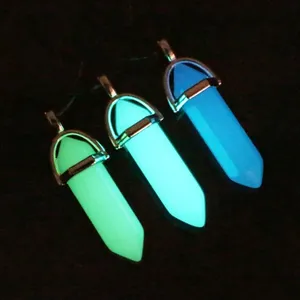 Nature Stone Fluorescent Hexagonal Column Necklace Natural Crystal Glowing in Dark Bullet Stone Pendant Leather Necklace