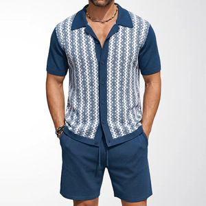 Ensemble de cardigan en tricot jacquard décontracté pour <span class=keywords><strong>homme</strong></span>, printemps-<span class=keywords><strong>été</strong></span>, 2 pièces, style streetwear, haut à manches courtes et short, ensemble deux pièces, costumes pour <span class=keywords><strong>homme</strong></span> - Product Image 2