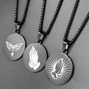 新设计宁静祈祷基督教珠宝时尚男女通用不锈钢圆形黑色吊坠项链圣经诗歌项链 - Product Image 5