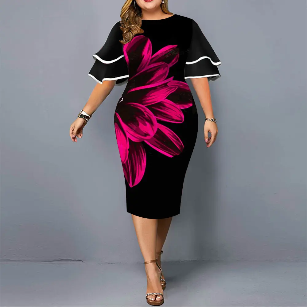 2023 Hot Sales Plus Size Women's Clothes Women Casual Vintage Print Knee-length Dress Lady Elegant Dresses Women Floral Dress