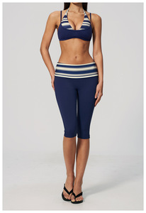 Women's Casual Striped Strapless Short Two Piece Sports Set Sleeveless Halter <b>Crop</b> High Waist Capri <b>Leggings</b> Breathable - Product Image 5